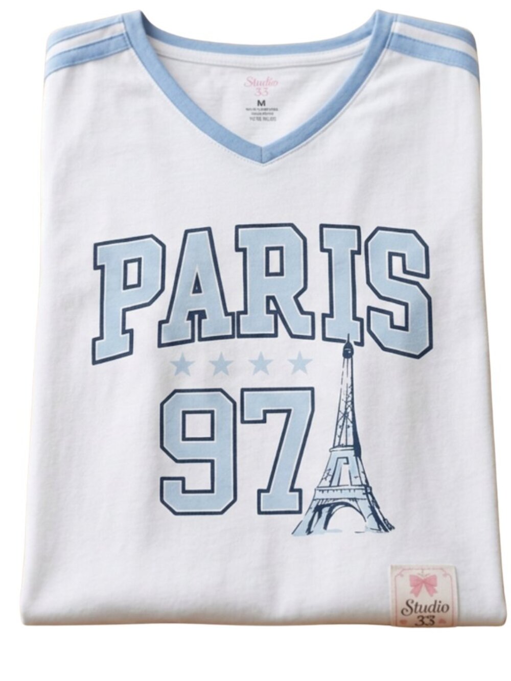Paris 97 Graphic Tee Women's White & Blue V-Neck Short Sleeve Casual T-Shirt S-X